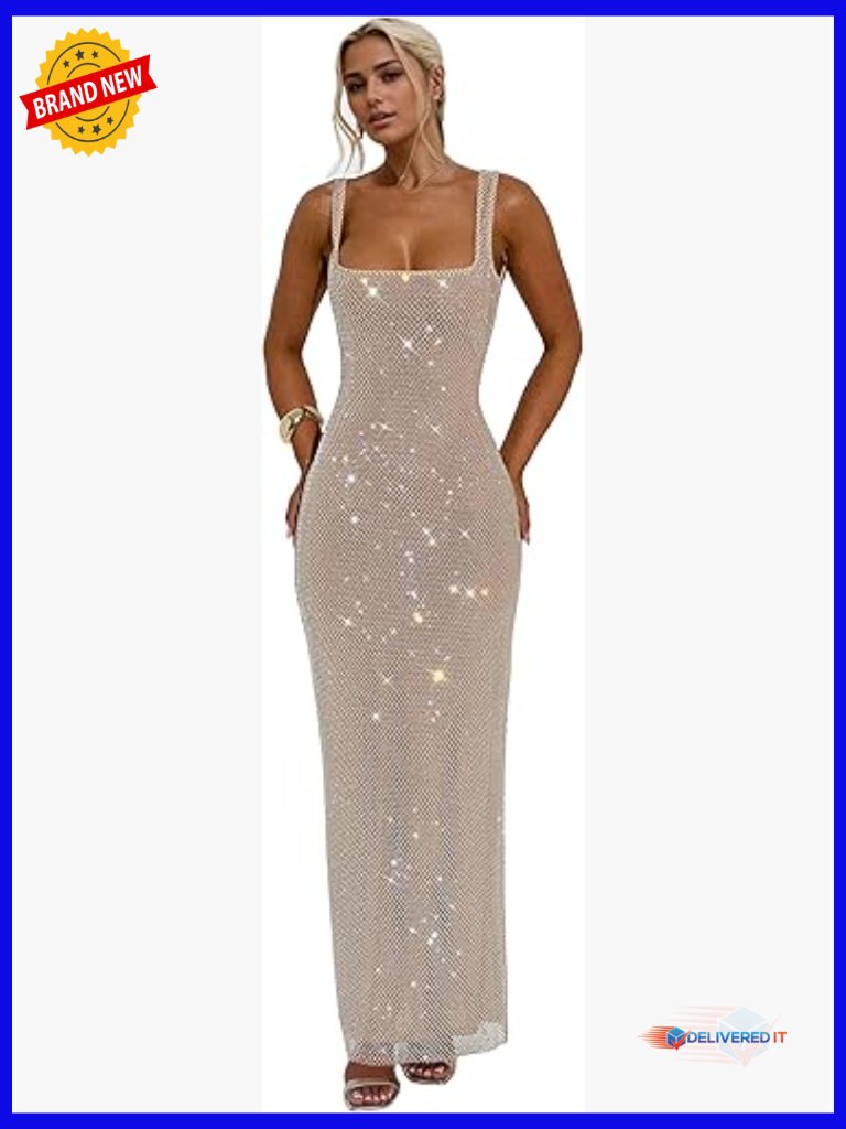 Glitter Mesh Bodycon Maxi Dress For Formal Parties & Special Events